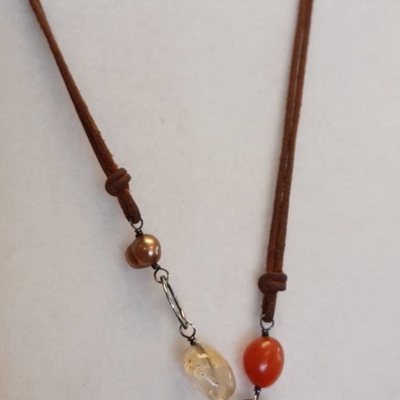 Silpada Quartz MOP Quartz Jade Long Necklace Brown Leather Cord - Picture 5 of 6